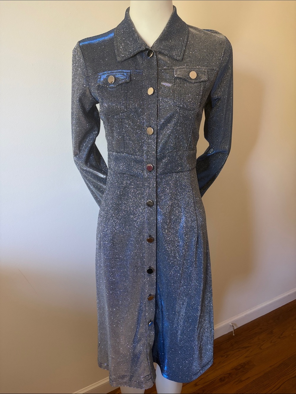 Shane Justin  silver glitter button-down shirtdress  Size S